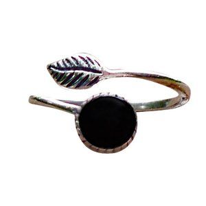 Recycled Antique Black Depression Glass Sterling Silver Botanical Leaf Ring